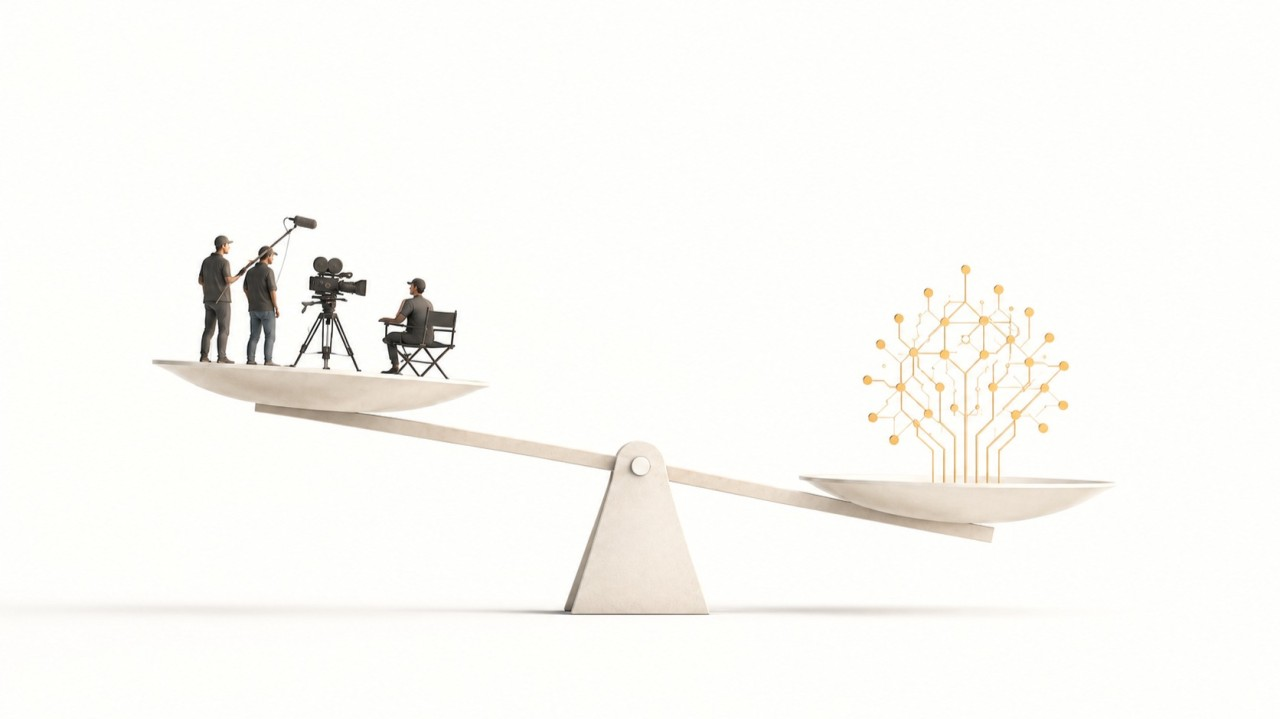 A sculptural balance scale: on one side a small film crew with camera and boom mic, on the other a glowing golden neural network tree, both resting on a white seesaw