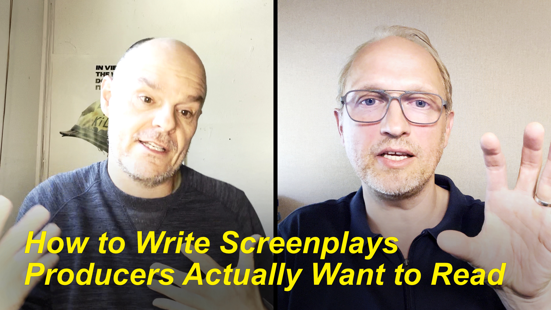 Split-screen video thumbnail of Brooks Elms and Daniel Maze with the title 'How to Write Screenplays Producers Actually Want to Read'
